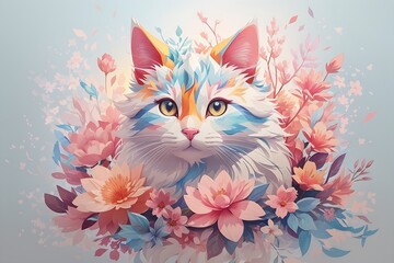 A detailed illustration of a print of a colorful adorable cat, fantasy flowers splash, majestic