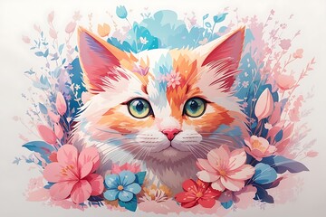 A detailed illustration of a print of a colorful adorable cat, fantasy flowers splash, head