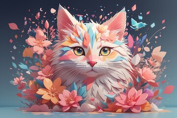 A detailed illustration of a print of a colorful adorable cat, fantasy flowers splash, animal
