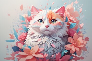A detailed illustration of a print of a colorful adorable cat, fantasy flowers splash, fullcolor