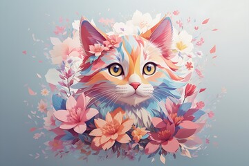 A detailed illustration of a print of a colorful adorable cat, fantasy flowers splash, cool