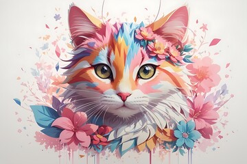 A detailed illustration of a print of a colorful adorable cat, fantasy flowers splash, cat
