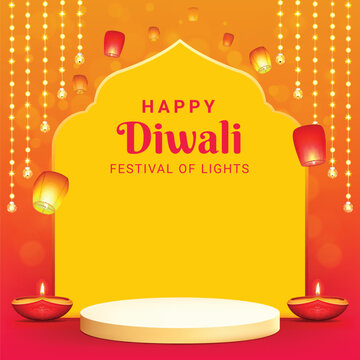 happy diwali festival sale podium design with decorative frame and pink light effect background