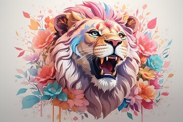 A detailed illustration of a print of a colorful lion roaring , fantasy flowers splash, cartoon