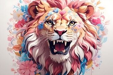 A detailed illustration of a print of a colorful lion roaring , fantasy flowers splash, head
