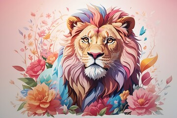 A detailed illustration of a print of a colorful lion roaring , fantasy flowers splash, lion