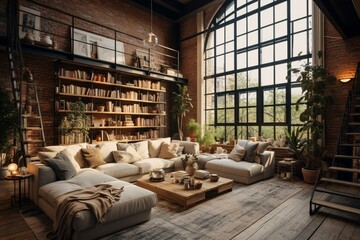 Stylish loft in an industrial factory with a boho interior design. Generative AI