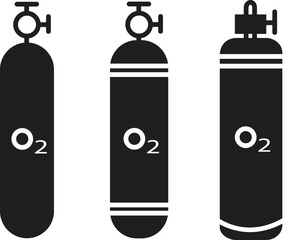 set of O2 Gas trendy fill cylinders icons. LPG propane bottles icons container. Oxygen gas cylinder canister fuel storage collection isolated on transparent background.