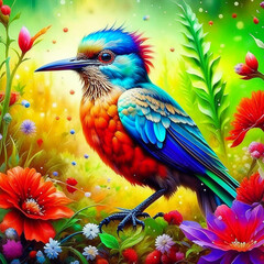 A beautiful colorful bird with shiny red eyes, a field of stunning spring flowers, created with Generative AI technology