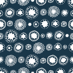 White snowflakes on blue background 2024 seamless christmas vector pattern hand draw. Snow festive seamless pattern for textile prints, cards, design