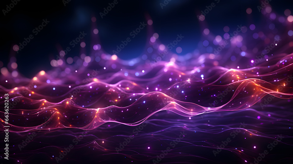 Wall mural abstract background: purple digital particle wave with shining starry dots