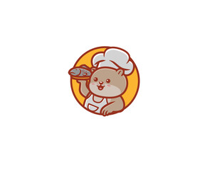 Cute otter chef serving fish dishes logo