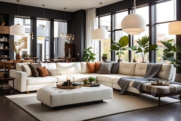 Communal living room with dark walls that has warm colored light and hanging lamps, with floor-to-ceiling glass windows and natural lighting, apartment