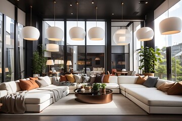 Communal living room with dark walls that has warm colored light and hanging lamps, with floor-to-ceiling glass windows and natural lighting, dining room