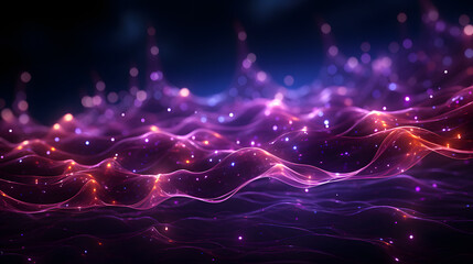 Abstract Background: Purple Digital Particle Wave with Shining Starry Dots - obrazy, fototapety, plakaty