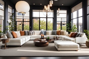 Communal living room with dark walls that has warm colored light and hanging lamps, with floor-to-ceiling glass windows and natural lighting, luxury