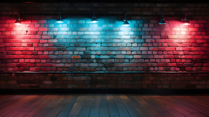 A Brick Wall with Neon Lights That Are Not a Plastered Background and Texture. Lighting effect: red and blue neon background. AI-Generated  - obrazy, fototapety, plakaty