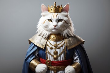 Create a withe cat as mediaval king , blank background, cat