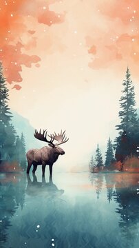 a textured background surrounded by a moose in water color style, vertical format, background image, generative AI