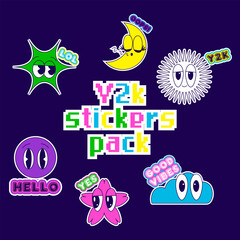 Set of Y2K Stickers Pack with smile faces. Patches in trendy vintage and retro  futuristic style. Modern 90s - 2000s aesthetic. Groovy elements for design of messengers. Vector art