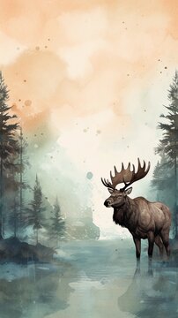 a textured background surrounded by a moose in water color style, vertical format, background image, generative AI