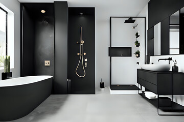 Bathroom interior design with matte black bath, water sink and modern shower