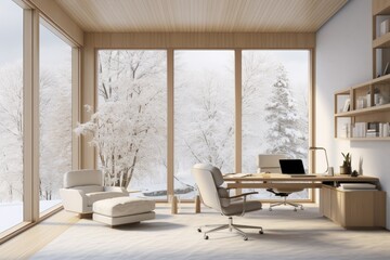Fototapeta premium Bright Modern Minimalist Home Office with Panoramic Windows Showcasing a Snowy Forest, Elegant White Furnishings, and Wooden Accents, Laptop on Desk