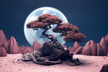 Fototapeta na wymiar 3D rendered bonsai tree on moon background. Generative AI