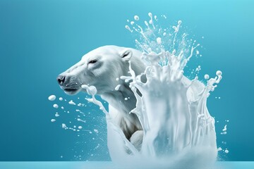 Abstract flow of milk with a polar bear, pouring sour cream or yogurt, creating a wave-like splash on a liquid background. Generative AI