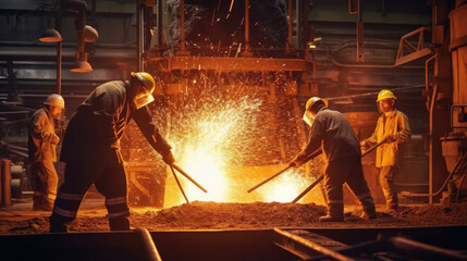Fototapeta na wymiar Work crews operating heavy metallurgical equipment, carefully crafting metal products in a metal or steel factory