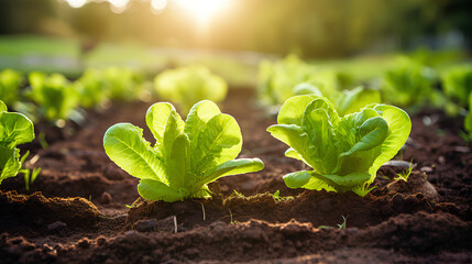 A farmer plants lettuce seedlings by hand in his vegetable garden. - obrazy, fototapety, plakaty