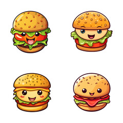 set of happy cute burger watercolor illustrations for printing on baby clothes, pattern, sticker, postcards, print, fabric, and books