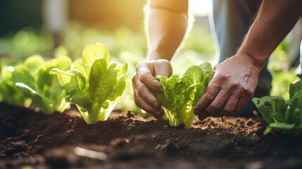 A farmer plants lettuce seedlings by hand in his vegetable garden. - obrazy, fototapety, plakaty