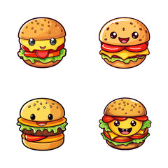 set of happy cute burger watercolor illustrations for printing on baby clothes, pattern, sticker, postcards, print, fabric, and books