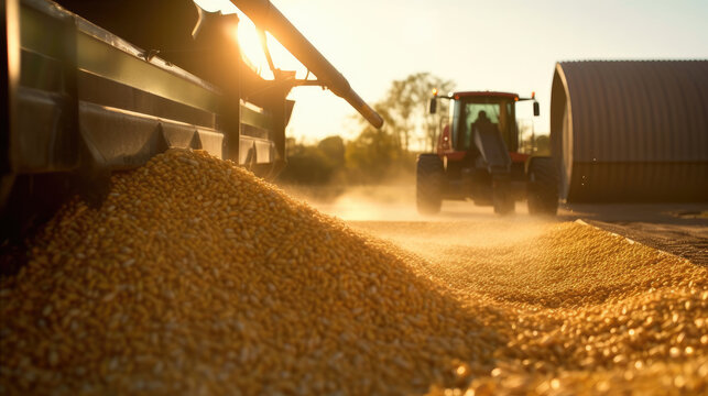 A harvester pouring freshly harvested corn maize seeds or soybeans into a container trailer during the morning sunshine