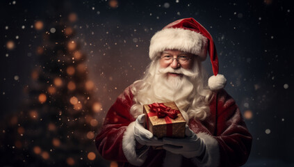 Portrait of the real, good old Santa Claus holding gift box in snowflakes surround