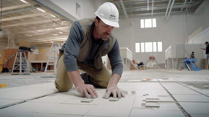 A worker is expertly installing porcelain tiles to renovate and elevate a space