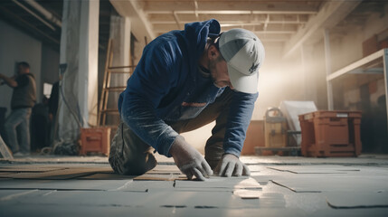 A worker is expertly installing porcelain tiles to renovate and elevate a space - obrazy, fototapety, plakaty
