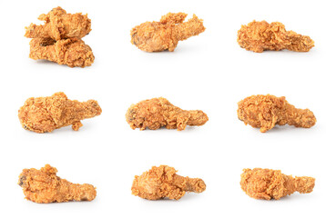 Set of fried chicken isolated on white background with clipping path. Junk food and unhealthy food.