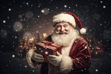 Portrait of the real, good old Santa Claus holding gift box in snowflakes surround