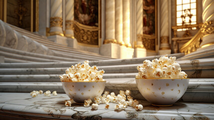 Obraz premium Close - up of popcorn against the backdrop of a palace staircase