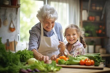 grandmother and granddaughter girl cooking vegetables and smiling together in the kitchen; old lady and child preparing vegan salad; senior woman with little kid having a healthy vegetarian food - obrazy, fototapety, plakaty