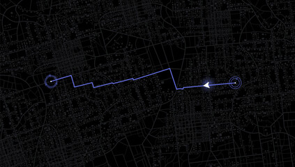 Location tracks dashboard. City street road. City streets and blocks, route distance data, path turns and destination tag or mark. Huge city top view. vector, illustration. Abstract background.