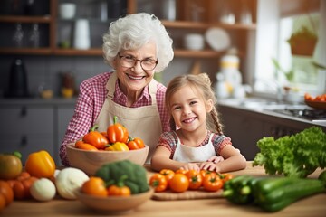 old lady and child preparing vegan salad; grandmother and granddaughter girl cooking vegetables and smiling together in the kitchen; senior woman with little kid having a healthy vegetarian food - obrazy, fototapety, plakaty