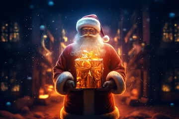 Fototapeta premium Santa Claus or Saint Nicholas holding magic gift box. Christmas time. Fairytale