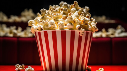 Close - up photo of a bucket of fresh popcorn is taken from its basket inside a movie theater