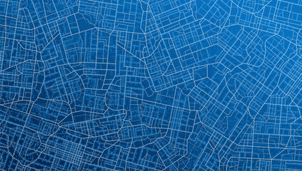 Obraz na płótnie Canvas Blue city area, background map, streets. Skyline urban panorama. Cartography illustration. Widescreen proportion, digital flat design streetmap. Vector City top view. View from above the map