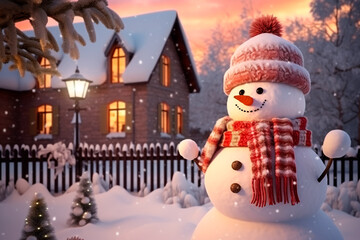 A beautiful snowman near a house decorated for Christmas. Warm image colors