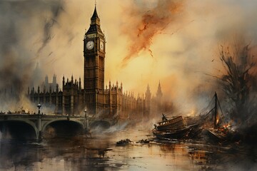 Watercolor painting depicting a devastated London after a catastrophic event. Generative AI