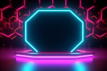 Embossed white surface with illuminated edge and neon octagon on a tech background. 3D render. Generative AI - obrazy, fototapety, plakaty